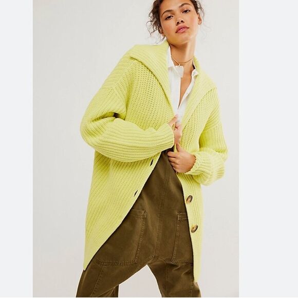 New free people swim too deep cardigan sweater green yellow - Picture 1 of 7